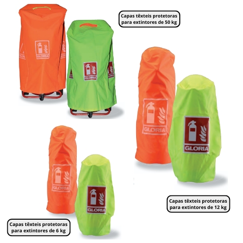 As capas têxteis proteção extintores 4/ 6/ 9/ 12/ 50 kg garantem a proteção eficaz dos extintores instalados em espaços exteriores, especialmente em ambientes industriais sujeitos a raios solares e intempéries.