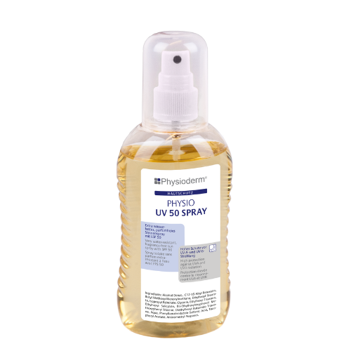 O spray de proteção contra a radiação uv physio uv 50 é ligeiramente amarelado, emulsão de óleo em água (O/A), isento de perfume ou fragrância.