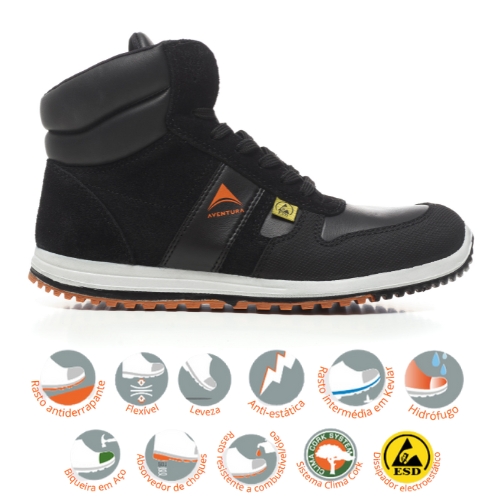 Bota de segurança S3 que incorpora uma sola de dupla densidade em PU + borracha.