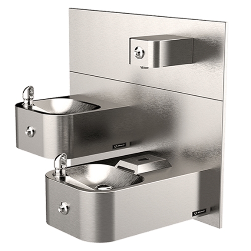 Fonte de água Hi-Lo e dispensador para garrafas modelo 1119FRP sem obstáculos, resistentes a vandalismo, para montagem na parede.