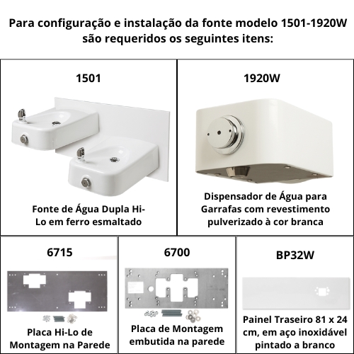 Componentes necessários para a configuração e instalação da fonte e dispensador de água para garrafas modelo 1501-1920W.
