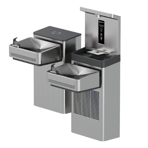 Fonte Hi-Lo e dispensador de água filtrada refrigerada para garrafas modelo 1212SF construída em aço inoxidável.