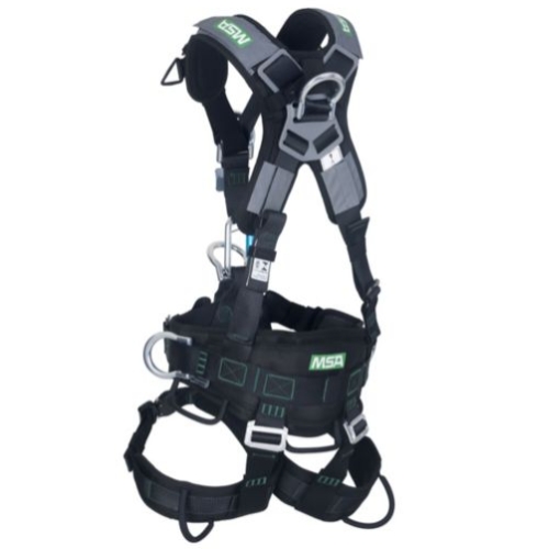 Arnês de segurança de ajuste com uma mão em todos os reguladores e um estilo moderno.