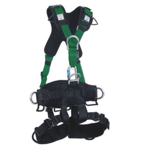 Arnês de segurança em conformidade com as normas EN 361, EN 358 e EN 813.