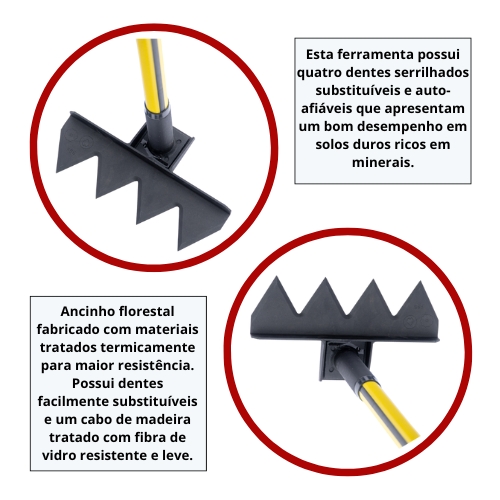 O ancinho possui quatro dentes serrilhados que podem ser facilmente substituídos.