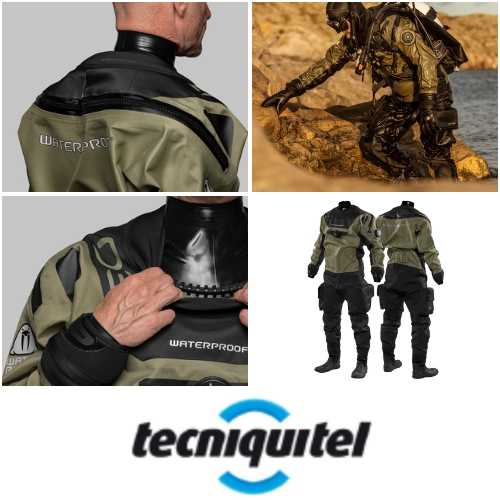 Fato seco com válvula de entrada giratória e uma válvula de saída automática regulável.