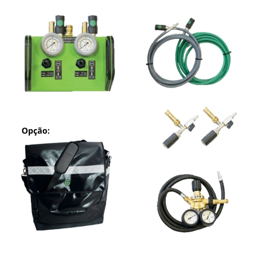 O kit é composto por regulador de pressão, mangueiras insufláveis verdes e cinzentas, além de válvulas de segurança que asseguram o corte com alívio de pressão sempre que o sistema atinge um valor pré-definido.
