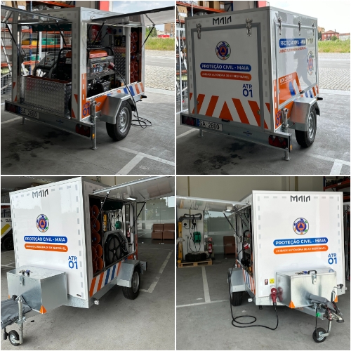 O Reboque para carregamento de ar comprimido integra um compressor de 320 lt/min elétrico, alimentado por gerador.