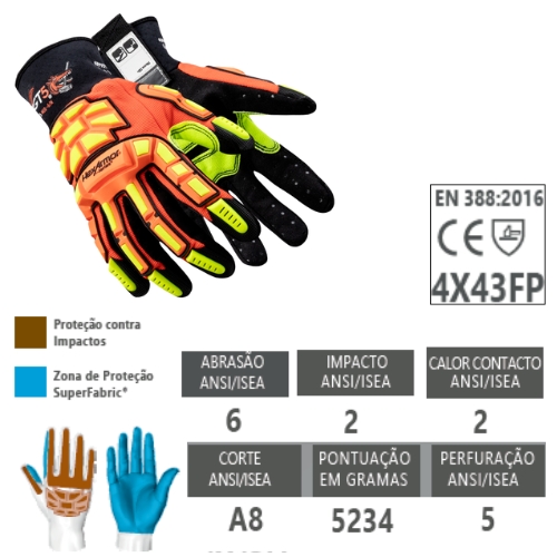 A luva GGT5 Mud Grip 4021X possui Impact Exoskeleton™ com proteções IR-X® no dorso da mão.